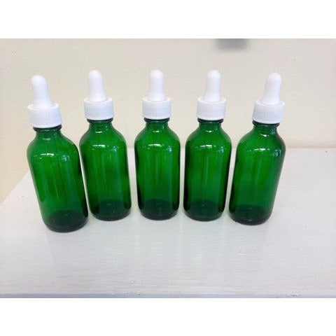 2 Oz Green Boston Round Glass Bottle with white Glass Dropper bundle of 5 units